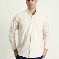 Light Beige Long Sleeve Regular Fit Oxford Cotton Shirt