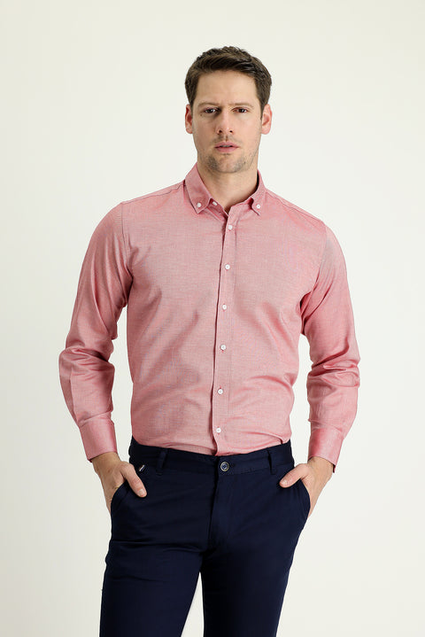 Light Red Long Sleeve Regular Fit Oxford Cotton Shirt