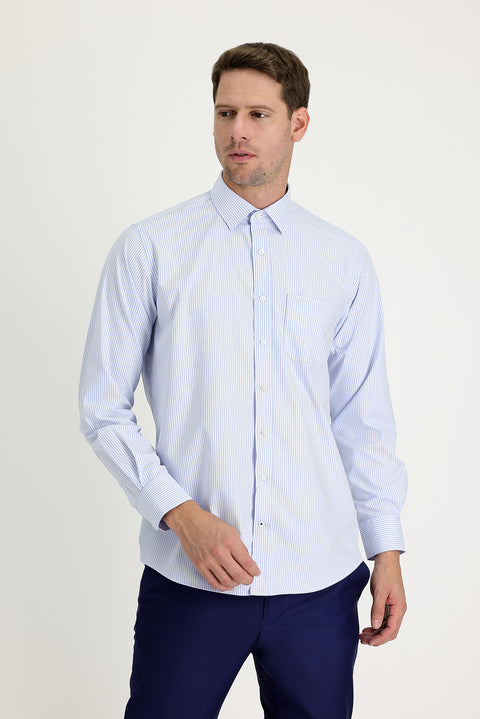 Light Blue Long Sleeve Regular Fit Striped Cotton Easy-Iron Shirt