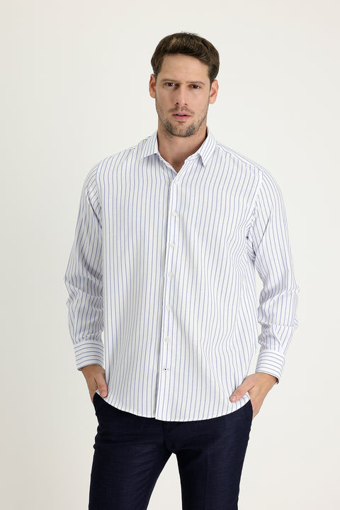 Light Blue Long Sleeve Regular Fit Striped Cotton Shirt