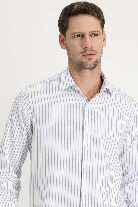Light Blue Long Sleeve Regular Fit Striped Cotton Shirt