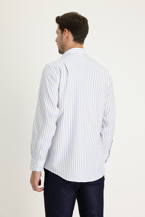 Light Blue Long Sleeve Regular Fit Striped Cotton Shirt