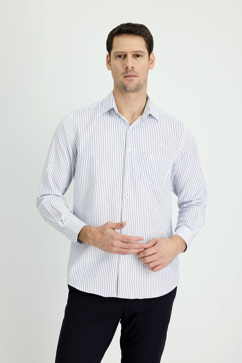 White Long Sleeve Regular Fit Striped Cotton Shirt