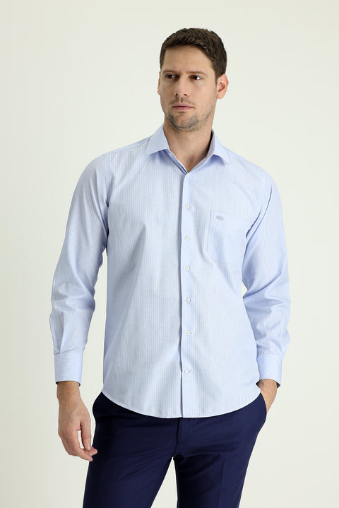 Light Blue Long Sleeve Regular Fit Striped Cotton Easy-Iron Shirt