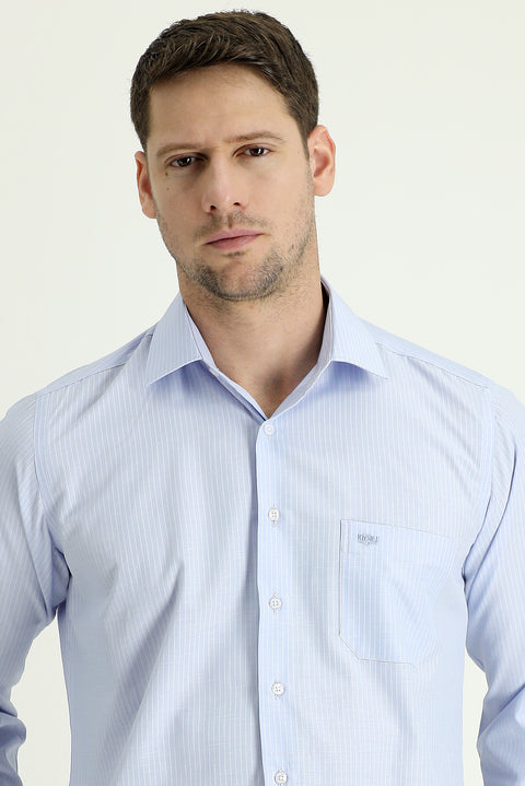 Light Blue Long Sleeve Regular Fit Striped Cotton Easy-Iron Shirt