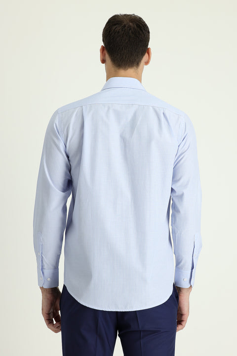 Light Blue Long Sleeve Regular Fit Striped Cotton Easy-Iron Shirt