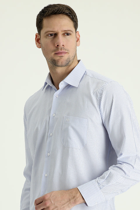 Light Blue Long Sleeve Regular Fit Striped Cotton Shirt