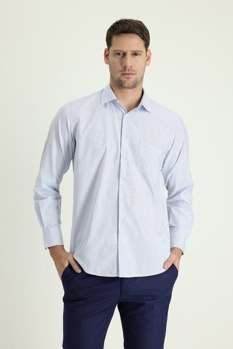 Light Blue Long Sleeve Regular Fit Striped Cotton Shirt