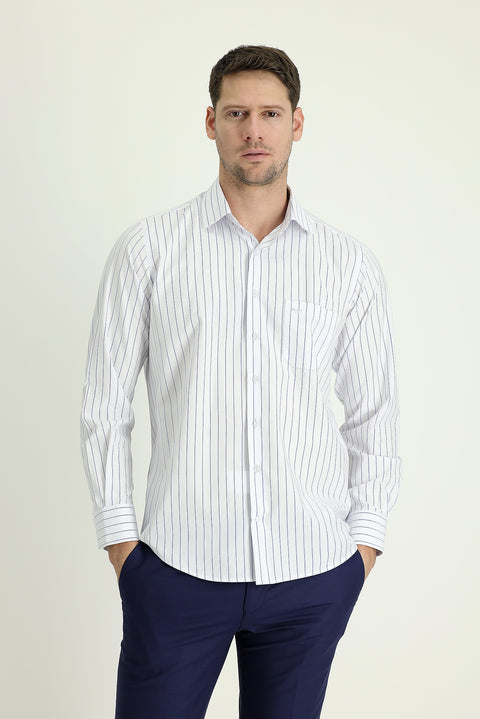 Medium Navy Long Sleeve Regular Fit Striped Cotton Shirt