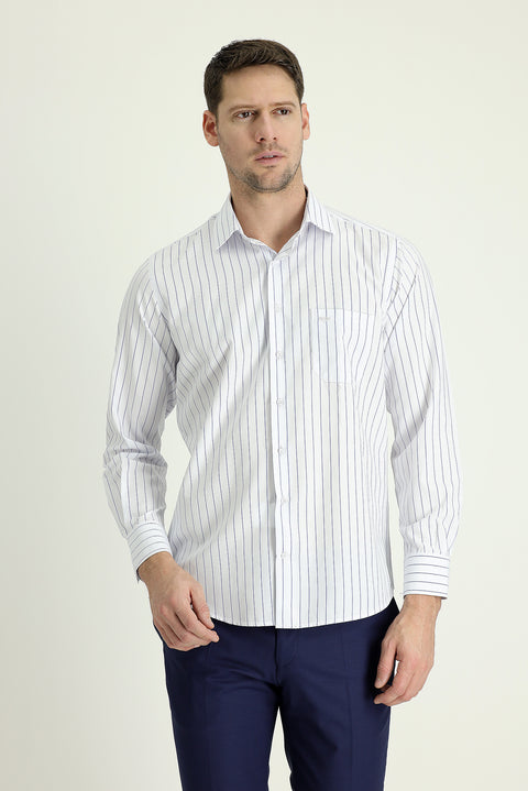 Medium Navy Long Sleeve Regular Fit Striped Cotton Shirt