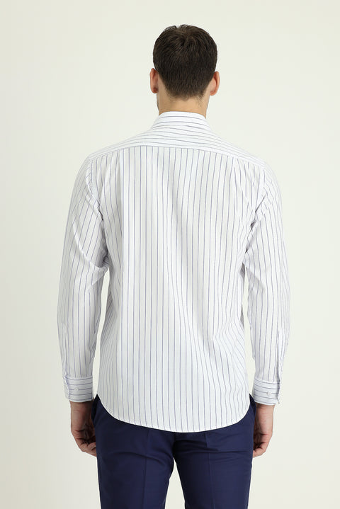 Medium Navy Long Sleeve Regular Fit Striped Cotton Shirt