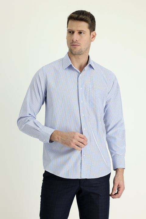 Light Blue Long Sleeve Regular Fit Striped Cotton Shirt
