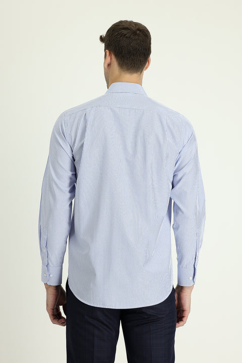 Light Blue Long Sleeve Regular Fit Striped Cotton Shirt