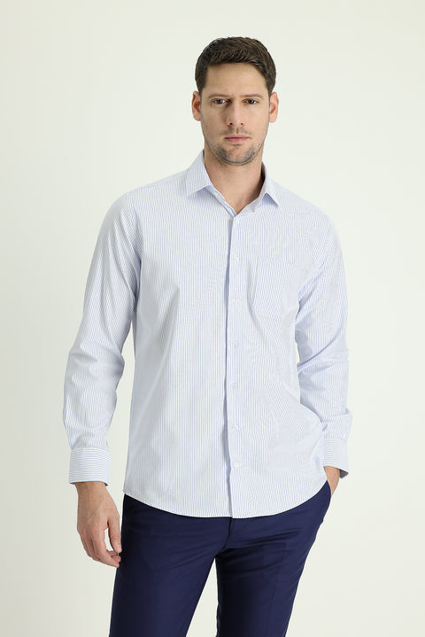 Light Blue Long Sleeve Classic Striped Cotton Shirt