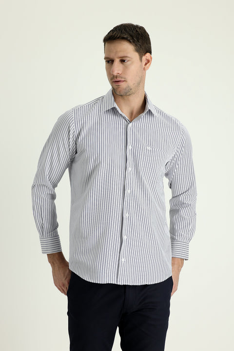 Dark Navy Long Sleeve Regular Fit Striped Cotton Shirt