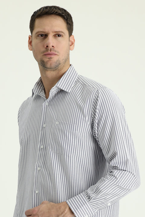 Dark Navy Long Sleeve Regular Fit Striped Cotton Shirt
