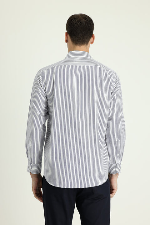 Dark Navy Long Sleeve Regular Fit Striped Cotton Shirt