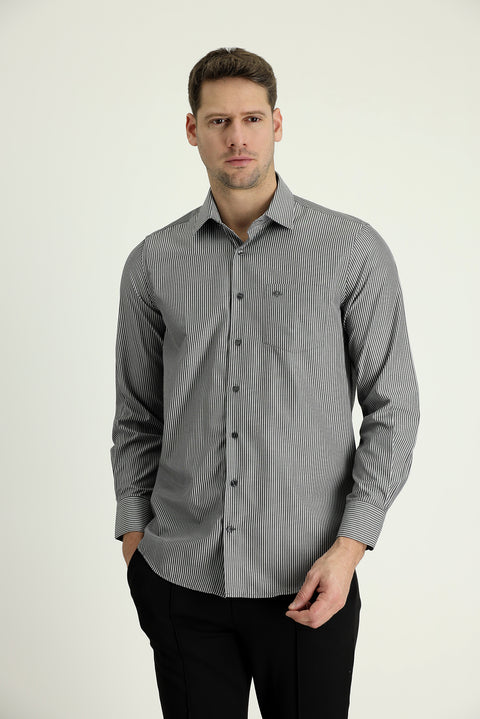 Off-Black Long Sleeve Regular Fit Striped Shirt