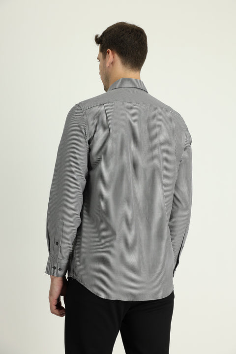 Off-Black Long Sleeve Regular Fit Striped Shirt
