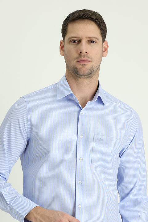 Light Blue Long Sleeve Regular Fit Striped Cotton Shirt