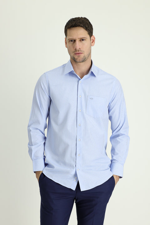 Light Blue Long Sleeve Regular Fit Striped Cotton Shirt