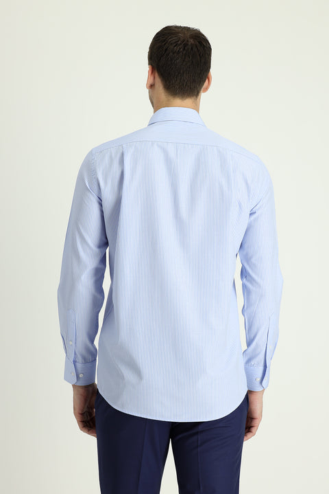 Light Blue Long Sleeve Regular Fit Striped Cotton Shirt