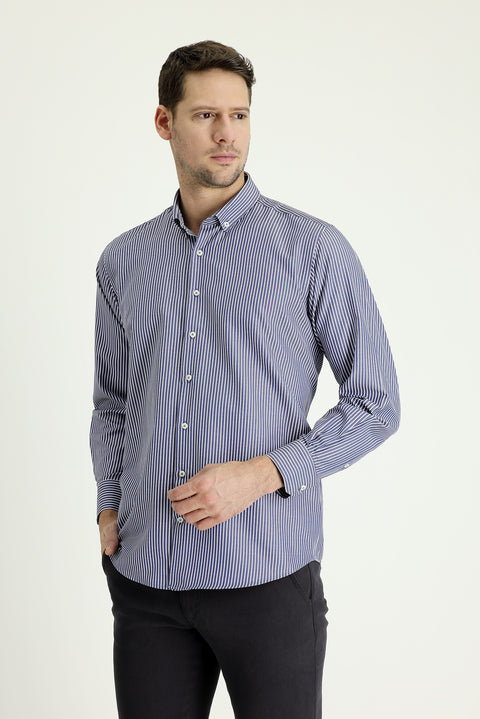 Dark Navy Long Sleeve Regular Fit Striped Sport Shirt