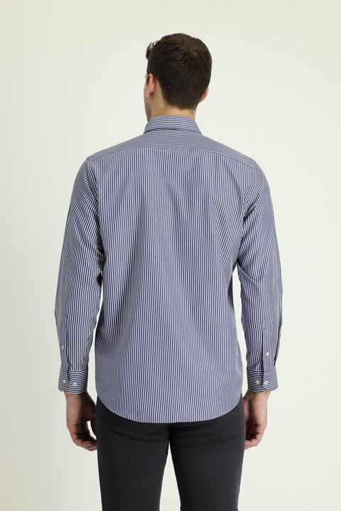 Dark Navy Long Sleeve Regular Fit Striped Sport Shirt
