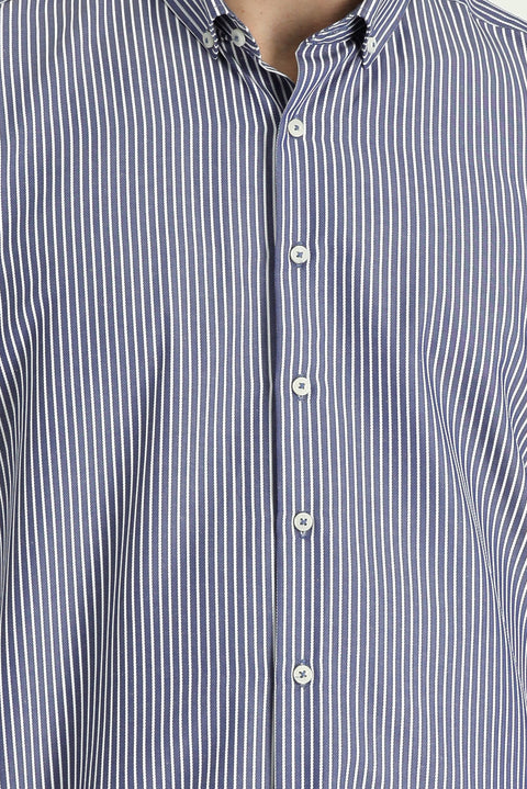 Dark Navy Long Sleeve Regular Fit Striped Sport Shirt