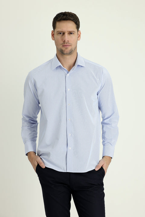 Light Blue Long Sleeve Regular Fit Striped Cotton Shirt