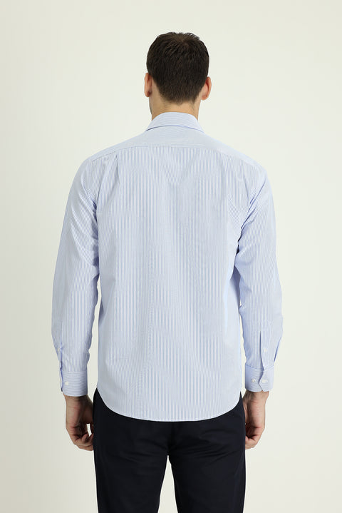 Light Blue Long Sleeve Regular Fit Striped Cotton Shirt