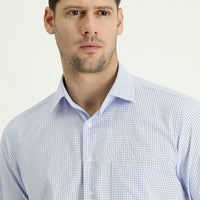 Light Blue Long Sleeve Regular Fit Plaid Sport Cotton Easy-Iron Shirt