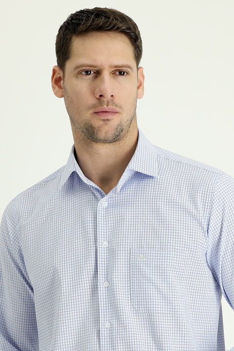 Light Blue Long Sleeve Regular Fit Plaid Sport Cotton Easy-Iron Shirt