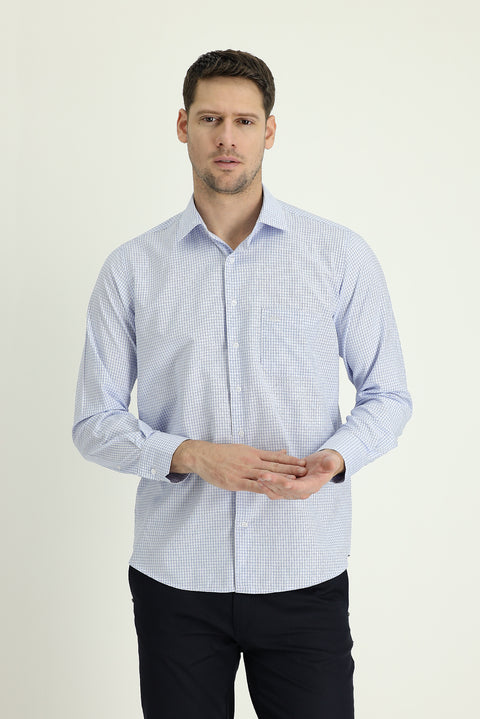 Light Blue Long Sleeve Regular Fit Plaid Sport Cotton Easy-Iron Shirt