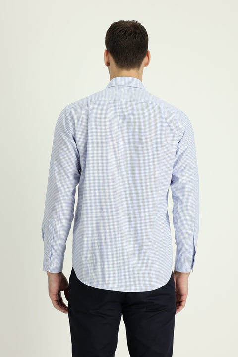 Light Blue Long Sleeve Regular Fit Plaid Sport Cotton Easy-Iron Shirt