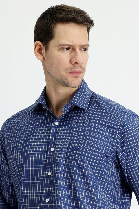Dark Navy Long Sleeve Regular Fit Plaid Cotton Shirt