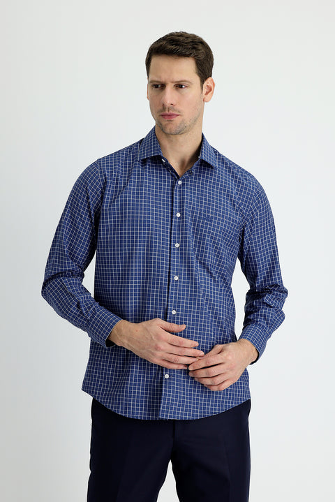 Dark Navy Long Sleeve Regular Fit Plaid Cotton Shirt