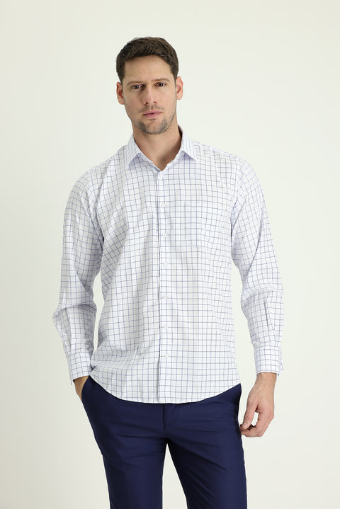 Mid-Navy Long Sleeve Regular Fit Plaid Sports Cotton Shirt