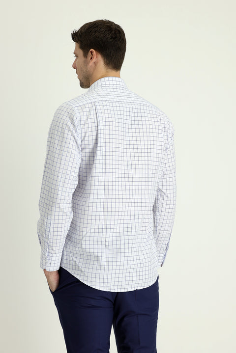 Mid-Navy Long Sleeve Regular Fit Plaid Sports Cotton Shirt