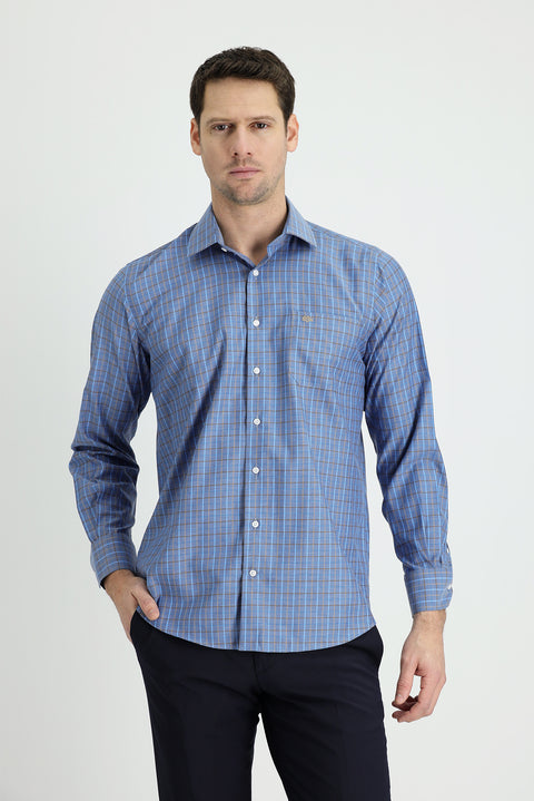 Medium Navy Long Sleeve Regular Fit Plaid Cotton Easy-Iron Shirt