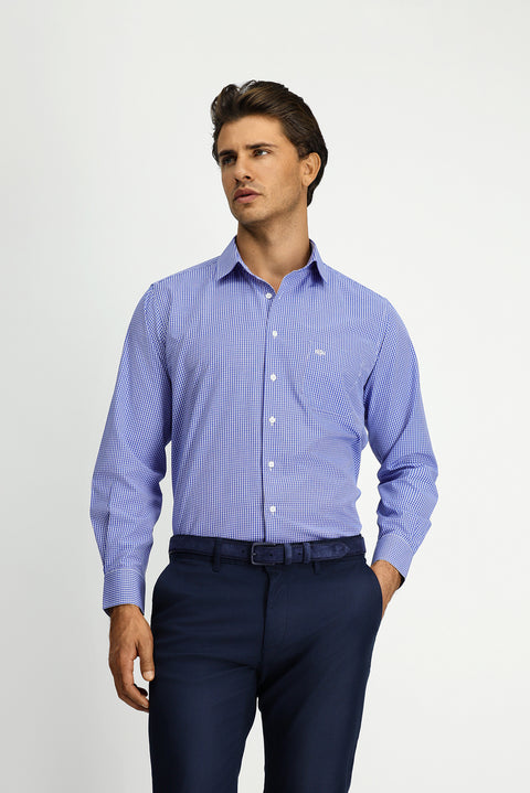 Medium Navy Long Sleeve Classic Plaid Pocketed Cotton Easy-Iron Shirt