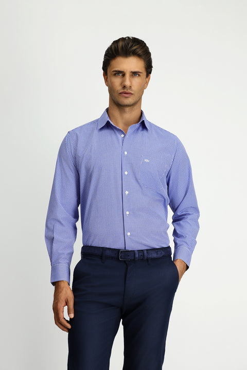 Medium Navy Long Sleeve Classic Plaid Pocketed Cotton Easy-Iron Shirt