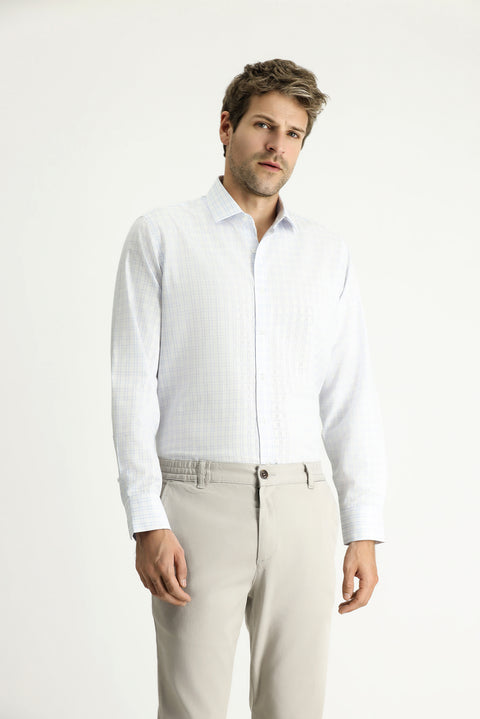 Uçuk Mavi Uzun Kol Regular Fit Ekose Pamuklu Kolay Ütülenebilir Gömlek