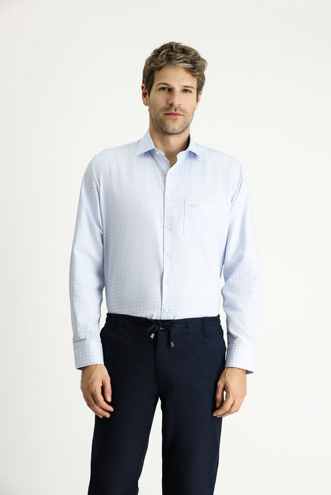 Light Blue Long Sleeve Regular Fit Plaid Cotton Easy-Iron Shirt