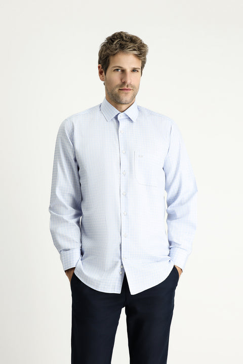 Light Blue Long Sleeve Regular Fit Plaid Cotton Easy-Iron Shirt