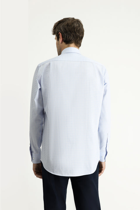 Light Blue Long Sleeve Regular Fit Plaid Cotton Easy-Iron Shirt