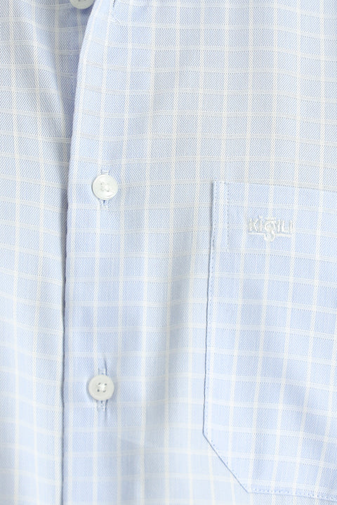Light Blue Long Sleeve Regular Fit Plaid Cotton Easy-Iron Shirt