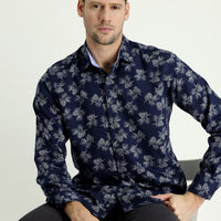 Dark Navy Long Sleeve Regular Fit Printed Cotton Shirt