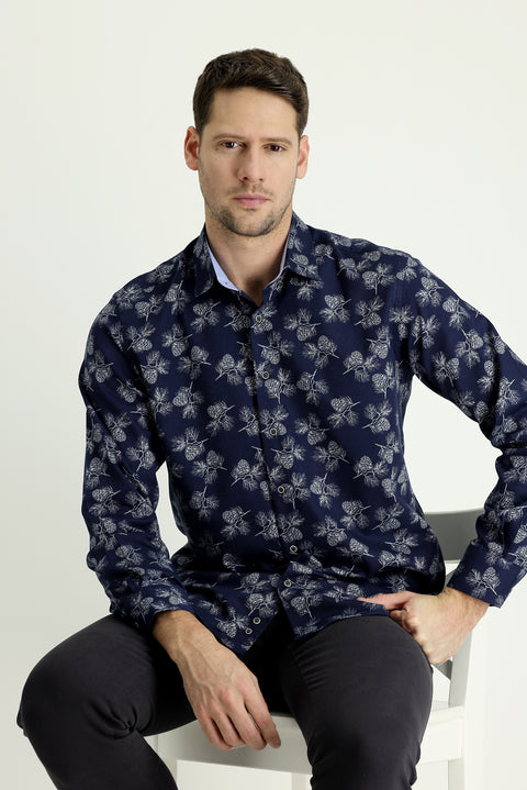 Dark Navy Long Sleeve Regular Fit Printed Cotton Shirt