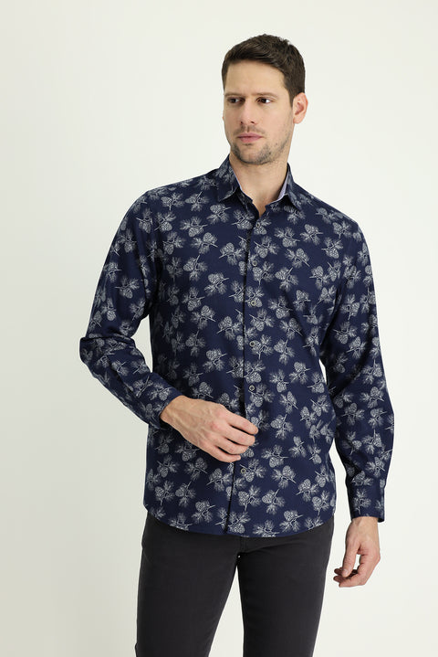 Dark Navy Long Sleeve Regular Fit Printed Cotton Shirt